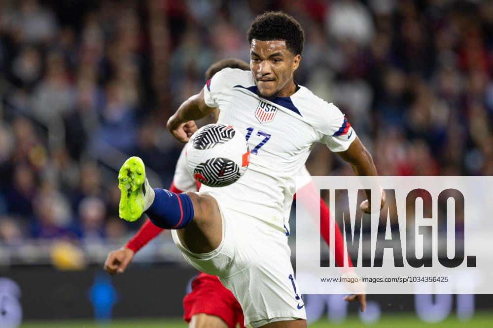 SAINT PAUL, MN - SEPTEMBER 12: United States of America midfielder Malik Tillman (17) attempts to redirect the ball during the friendly match between U.S. Mens national team, Nationalteam and Oman on September 12th, 2023, in Saint Paul, MN. (Photo by Bailey Hillesheim Icon Sportswire) SOCCER: SEP 12 USA vs Oman Icon230919017
