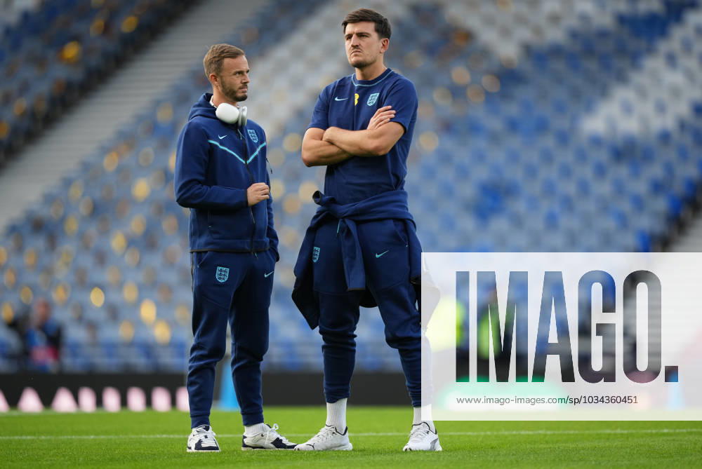 Harry Maguire Manchester United, ManU of England and James Maddison (Tottenham Hotspur) of England pre match during the 150th anniversary heritage international match, Länderspiel, Nationalmannschaft between Scotland and England at Hampden Park, Glasgow, Scotland on 12 September 2023.
