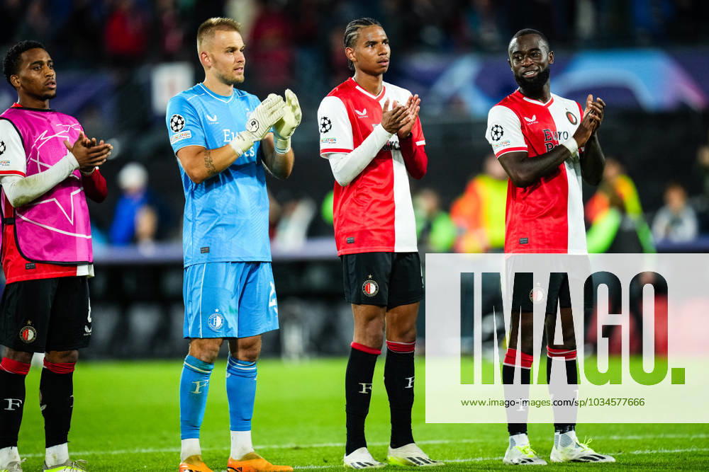 UEFA Champions League: Feyenoord v Celtic Rotterdam - Quinten Timber of Feyenoord, Feyenoord keeper Timon Wellenreuther, Calvin Stengs of Feyenoord, Lutsharel Geertruida of Feyenoord during the 1st leg of the UEFA Champions League between Feyenoord v Celtic at Stadion Feijenoord De Kuip on 19 September 2023 in Rotterdam, The Netherlands.