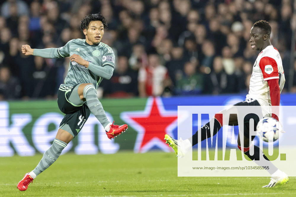 Football: UEFA Champions League Celtic s Reo Hatate (L) plays in a UEFA Champions League group stage football match against Feyenoord on Sept. 19, 2023, in Rotterdam, the Netherlands. A14AA0001897447P
