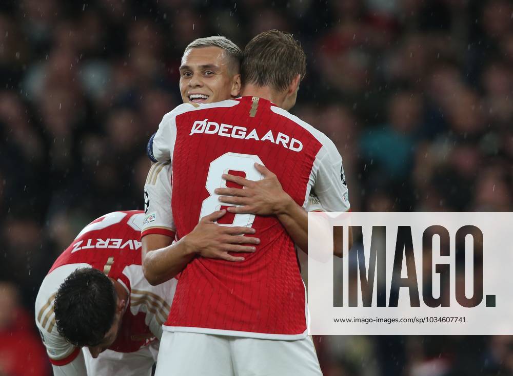 Arsenal v PSV Eindhoven, UEFA Champions League, Group B, Emirates Stadium, London, UK. - 20th September 2023. GOAL 2-0, Leandro Trossard of Arsenal goal celebration with Martin Odegaard of Arsenal. - Arsenal v PSV Eindhoven, UEFA Champions League, Group B, Emirates Stadium, London, UK. - 20th September 2023. London Emirates Stadium UK