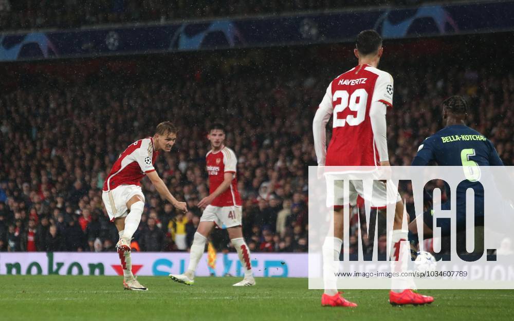 Arsenal v PSV Eindhoven, UEFA Champions League, Group B, Emirates Stadium, London, UK. - 20th September 2023. GOAL 4-0, Martin Odegaard of Arsenal scores. - Arsenal v PSV Eindhoven, UEFA Champions League, Group B, Emirates Stadium, London, UK. - 20th September 2023. London Emirates Stadium UK