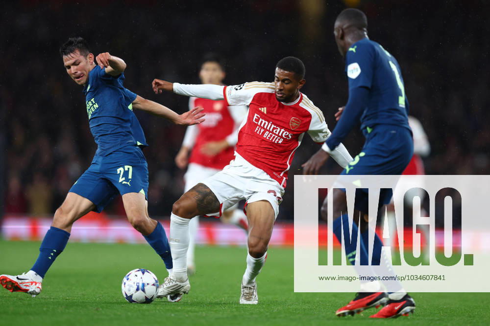 Arsenal v PSV Eindhoven 20 September 2023, London Championss League Fußball, Gruppenphase Arsenal v PSV Eindhoven Reiss Nelson von Arsenal und Hirving Lozano von PSV Eindhoven Foto Charlotte Wilson Abseits London UK