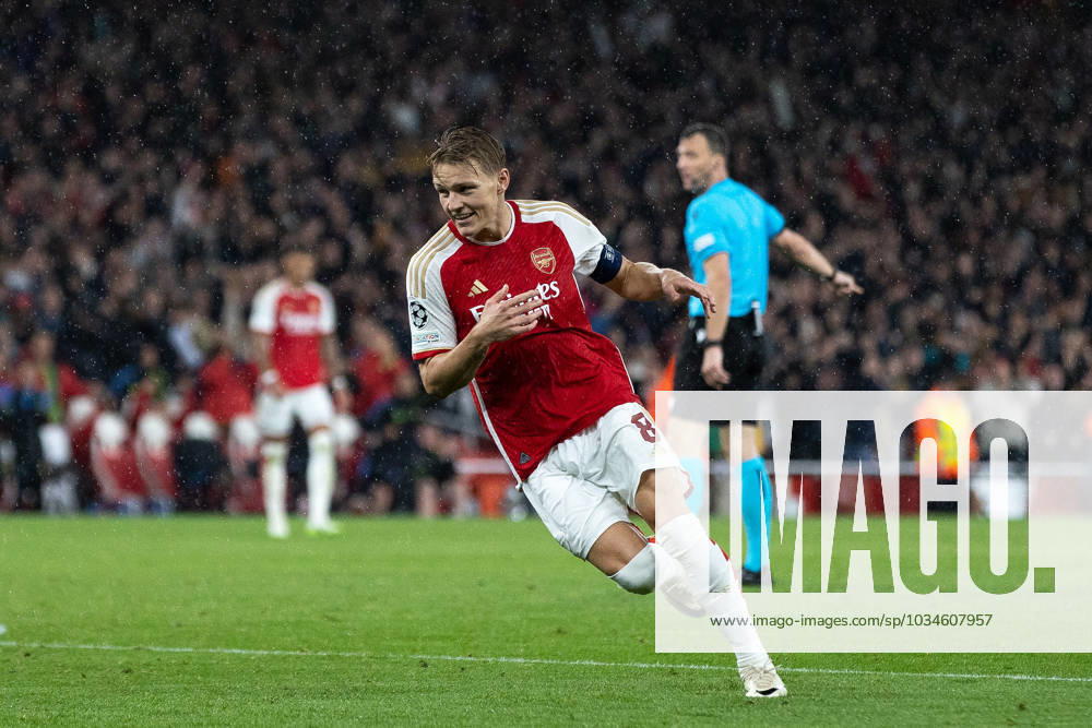 Arsenal v PSV Eindhoven Champions League 20 09 2023. GOAL 4-0 Arsenal midfielder Martin odegaard (8) scores and celebrates during the Champions League match between Arsenal and PSV Eindhoven at the Emirates Stadium, London, England on 20 September 2023. Editorial use only ,