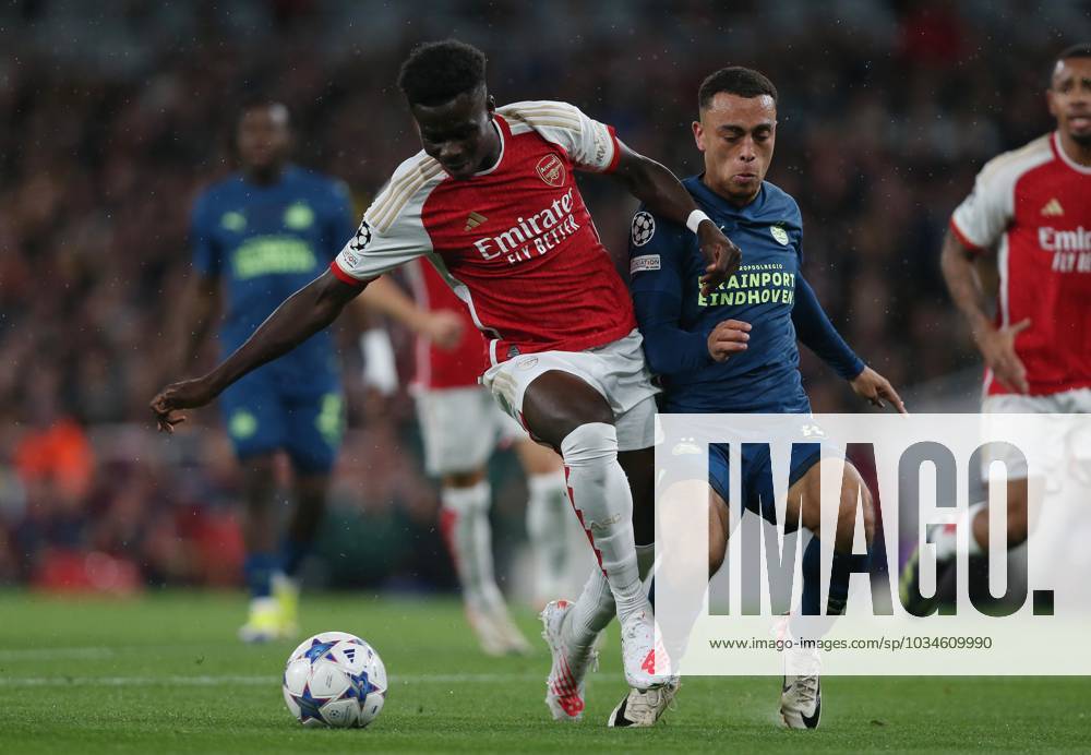 Arsenal v PSV Eindhoven, UEFA Champions League, Group B, Emirates Stadium, London, UK. - 20th September 2023. Bukayo Saka of Arsenal. - Arsenal v PSV Eindhoven, UEFA Champions League, Group B, Emirates Stadium, London, UK. - 20th September 2023. London Emirates Stadium UK