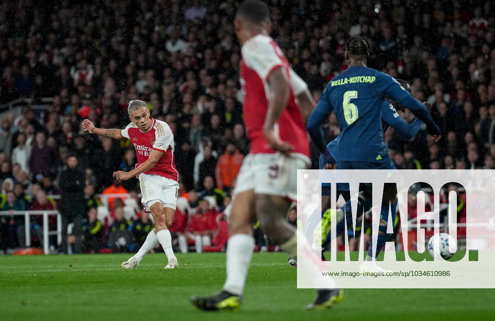 Leandro Trossard of Arsenal scores his teams 2nd goal during the UEFA Champions League match between Arsenal and PSV Eindhoven at the Emirates Stadium, London, England on 20 September 2023.