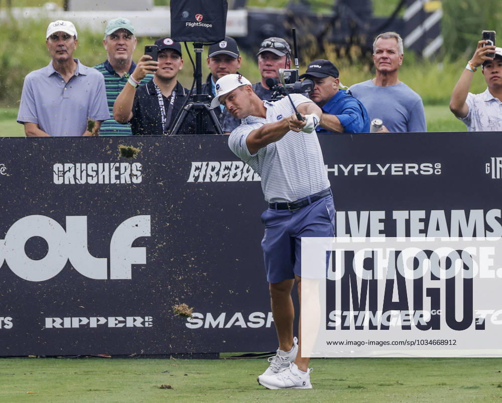 Bryson DeChambeau of the US hits his tee shot on the fifteenth hole during the first round of the 2023 LIV Golf League tournament at Rich Harvest Farms in Sugar Grove, Illinois, on Thursday, September 21, 2023. Friday September 22, 2023. Tournament play runs from September 22nd through the 24th. SGI20230922806 TANNENxMAURY