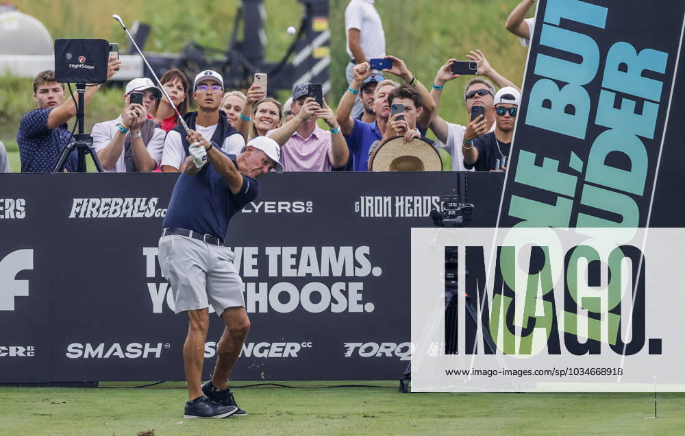 Phil Mickelson of the US hits his tee shot on the fifteenth hole during the first round of the 2023 LIV Golf League tournament at Rich Harvest Farms in Sugar Grove, Illinois, on Friday September 22, 2023. Tournament play runs from September 22nd through the 24th. SGI20230922810 TANNENxMAURY