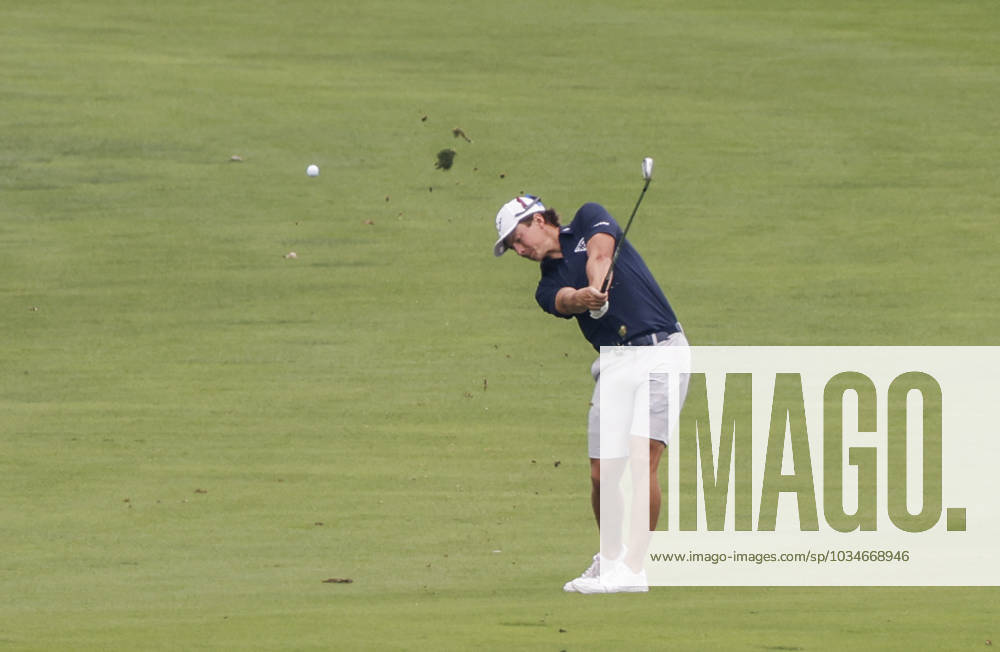 James Piot of the US hits his approach shot on the fourteenth hole during the first round of the 2023 LIV Golf League tournament at Rich Harvest Farms in Sugar Grove, Illinois, on Friday September 22, 2023. Tournament play runs from September 22nd through the 24th. SGI20230922803 TANNENxMAURY