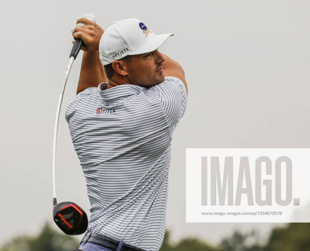 Bryson DeChambeau of the US hits his tee shot on the sixteenth hole during the first round of the 2023 LIV Golf League tournament at Rich Harvest Farms in Sugar Grove, Illinois, on Friday September 22, 2023. Tournament play runs from September 22nd through the 24th. SGI20230922838 TANNENxMAURY