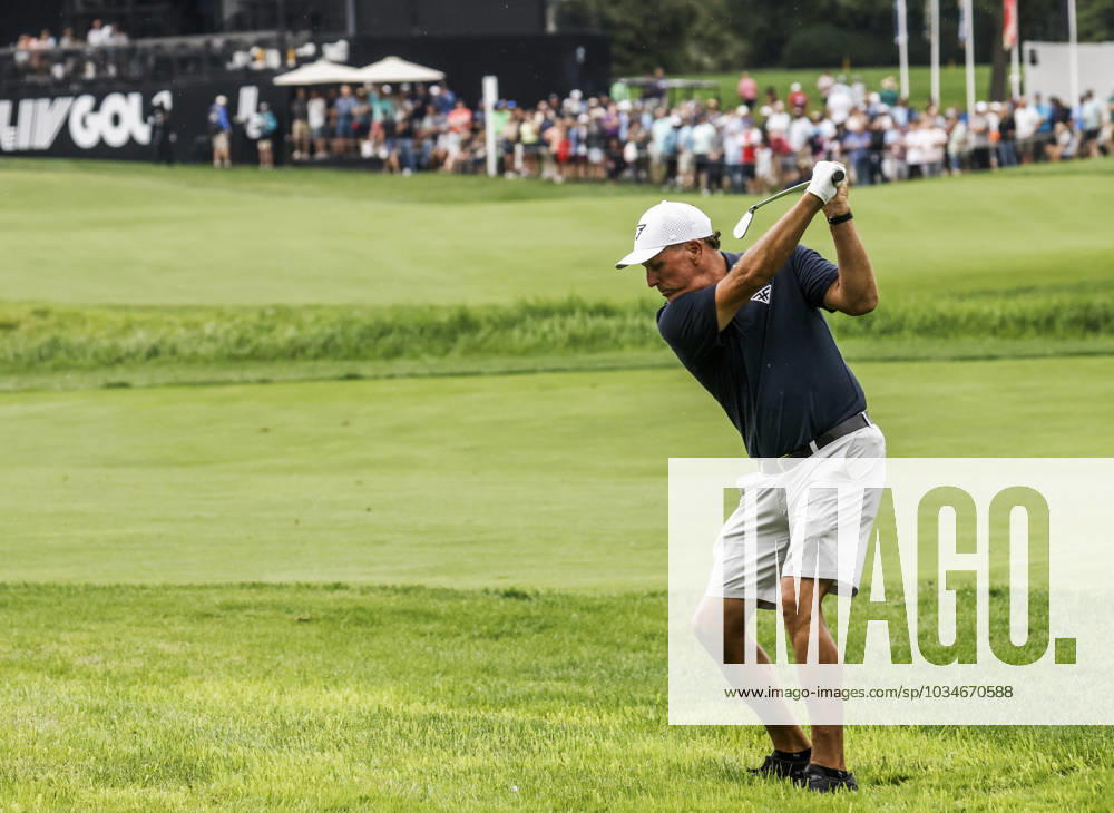 Phil Mickelson of the US hits from the rough on the eighteenth hole during the first round of the 2023 LIV Golf League tournament at Rich Harvest Farms in Sugar Grove, Illinois, on Friday September 22, 2023. Tournament play runs from September 22nd through the 24th. SGI20230922849 TANNENxMAURY