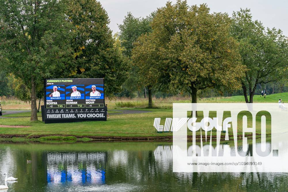 SUGAR GROVE, IL - SEPTEMBER 23: A wide shot of a video board and the LIV Golf logo at hole 16 of Rich Harvest Farms during the Chicago stop of the LIV Golf tournament on September 22, 2023, at Rich Harvest Farms in Sugar Grove, IL (Photo by Ben Hsu Icon Sportswire) GOLF: SEP 23 LIV Golf Chicago Icon224230922015