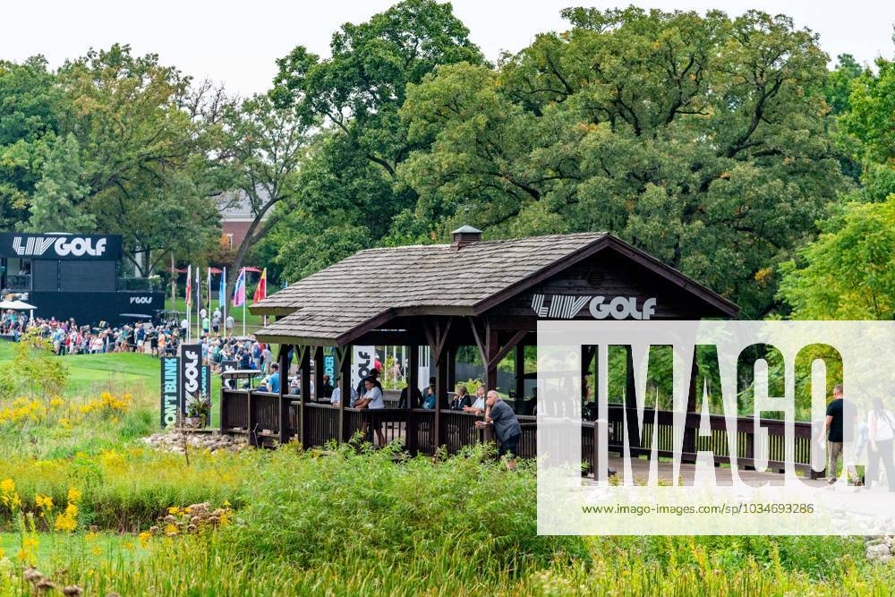 SUGAR GROVE, IL - SEPTEMBER 23: a wide shot of a bridge at Rich Harvest Farms with the LIV Golf logo on it at Day Two of the LIV Golf Invitational - Chicago on September 22, 2023, at Rich Harvest Farms in Sugar Grove, IL (Photo by Ben Hsu Icon Sportswire) GOLF: SEP 23 LIV Golf Chicago Icon224230922022