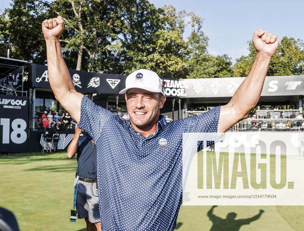 Bryson DeChambeau of the US celebrates as he wins the 2023 LIV Golf League tournament at Rich Harvest Farms in Sugar Grove, Illinois, on Sunday, September 24, 2023. SGI20230924844 TANNENxMAURY