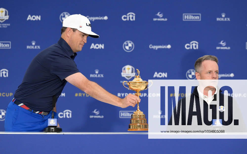 European Captain Luke Donald (R) and United States Captain Zach Johnson (L) during a the press conference, PK, Pressekonferenz for the 2023 Ryder Cup golf tournament at Marco Simone Golf Club in Guidonia, near Rome, Italy, 25 September 2023. Competition for the 44th Ryder Cup between the US and Europe begins 29 September 2023. ANSA ETTORE FERRARI 2023 Ryder Cup golf tournament - ZUMAa110 20230925_zaf_a110_008