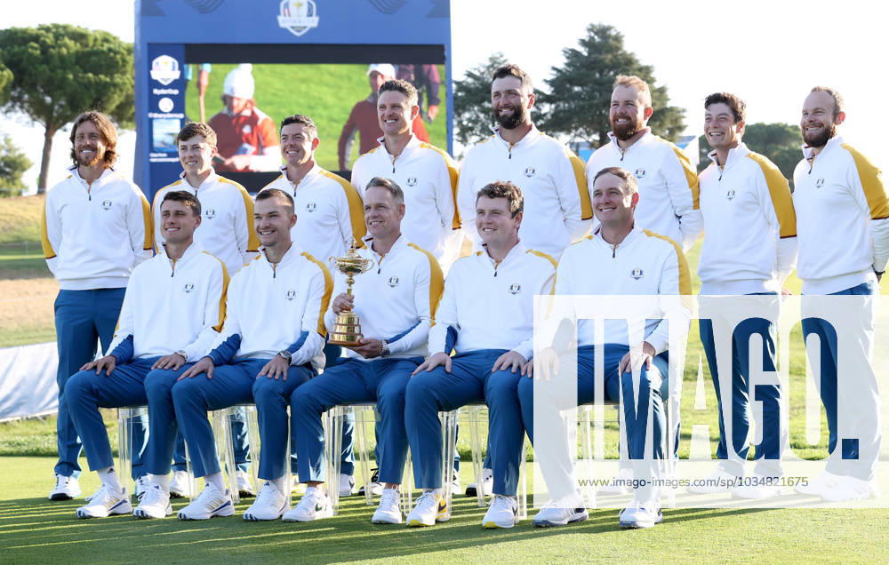 GOLF - Ryder Cup 2023 ROME,ITALY,26.SEP.23 - GOLF - Ryder Cup, preview. Image shows 1.row: Tommy Fleetwood (ENG EUR), Matt Fitzpatrick (ENG EUR), Rory Mcilroy (XI EUR), Ludvig Aberg (SWE EUR), Jon Rahm (ESP EUR), Shane Lowry (IRL EUR), Viktor Hovland (NOR EUR), Tyrell Hatton (ENG EUR). 2nd row: Justin Rose (ENG EUR), Nicolai Hojgaard DEN EUR), team captain Luke Donald, Robert Macintyre (SCO EUR) and Sepp Straka (AUT EUR). GEPAxpictures Oberlaender