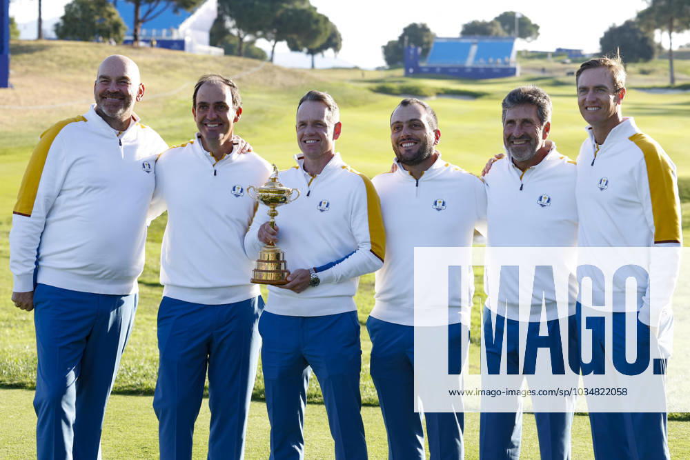 (L-R) Europe s Danish vice-captain, Thomas Bjorn, Europe s Italian vice-captain, Edoardo Molinari, Europe s English captain, Luke Donald, Europe s Italian vice-captain, Francesco Molinari, Europe s Spanish vice-captain, Jose Maria Olazabal and Europe s Belgian vice-captain, Nicolas Colsaerts pose with the trophy during the European team official team portraits for the 2023 Ryder Cup golf tournament at Marco Simone Golf Club in Guidonia, near Rome, Italy, 26 September 2023. The 44th Ryder Cup matches between the US and Europe will be held in Italy from 29 September to 01 October 2023..ANSA FABIO FRUSTACI 2023 Ryder Cup golf tournament - ZUMAa110 20230926_zaf_a110_009