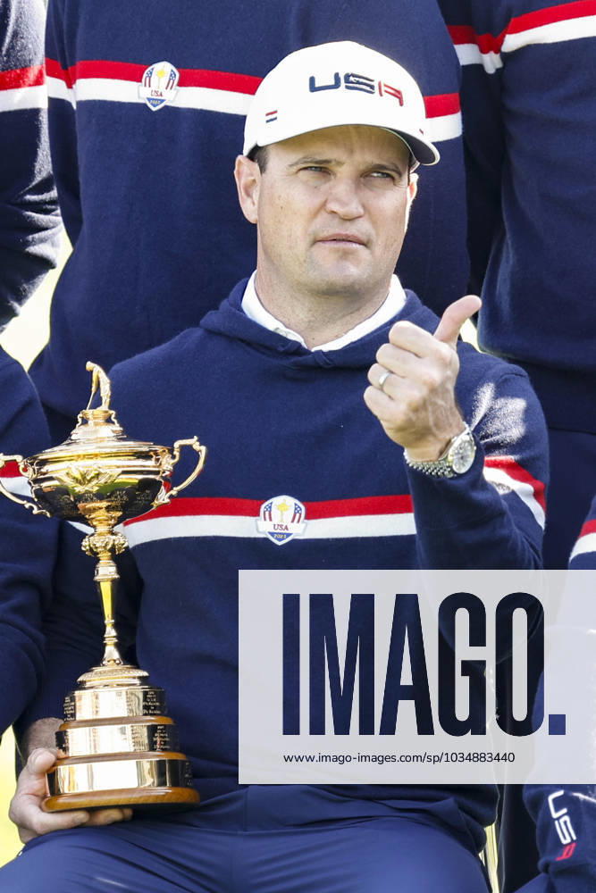 US captain, Zach Johnson holding the trophy, as he pose at the US team official team portraits for the 2023 Ryder Cup golf tournament at Marco Simone Golf Club in Guidonia, near Rome, Italy, 28 September 2023. The 44th Ryder Cup matches between the US and Europe will be held in Italy from 29 September to 01 October 2023..ANSA FABIO FRUSTACI 2023 Ryder Cup golf tournament - ZUMAa110 20230928_zaf_a110_007