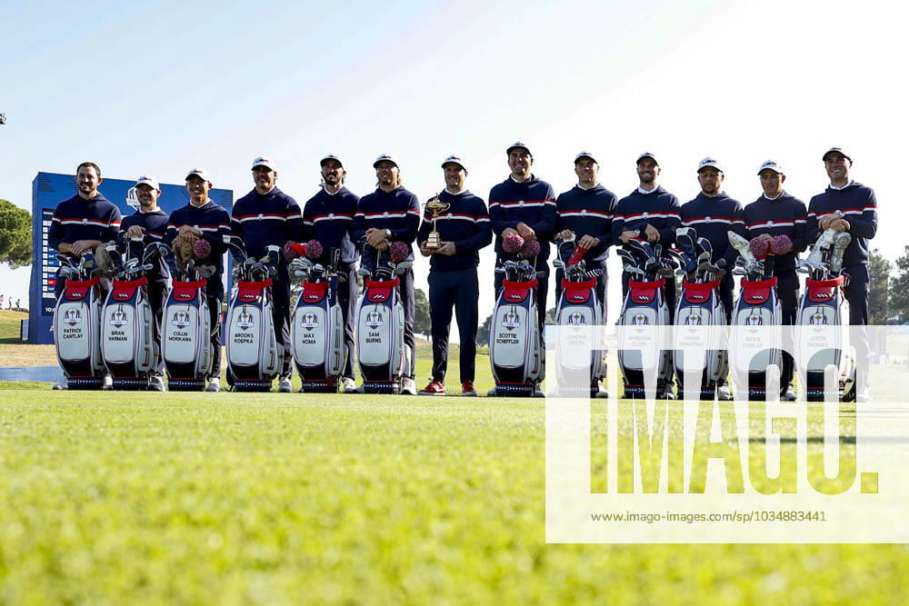 (L-R) US golfer, Patrick Cantlay, US golfer, Brian Harman, US golfer, Collin Morikawa, US golfer, Brooks Koepka, US golfer, Max Homa, US golfer, Sam Burns, US captain, Zach Johnson, US golfer, Scottie Scheffler, US golfer, Jordan Spieth, US golfer, Wyndham Clark, US golfer, Xander Schauffele, US golfer, Rickie Fowler and US golfer, Justin Thomas pose at the US team official team portraits for the 2023 Ryder Cup golf tournament at Marco Simone Golf Club in Guidonia, near Rome, Italy, 28 September 2023. The 44th Ryder Cup matches between the US and Europe will be held in Italy from 29 September to 01 October 2023..ANSA FABIO FRUSTACI 2023 Ryder Cup golf tournament - ZUMAa110 20230928_zaf_a110_008