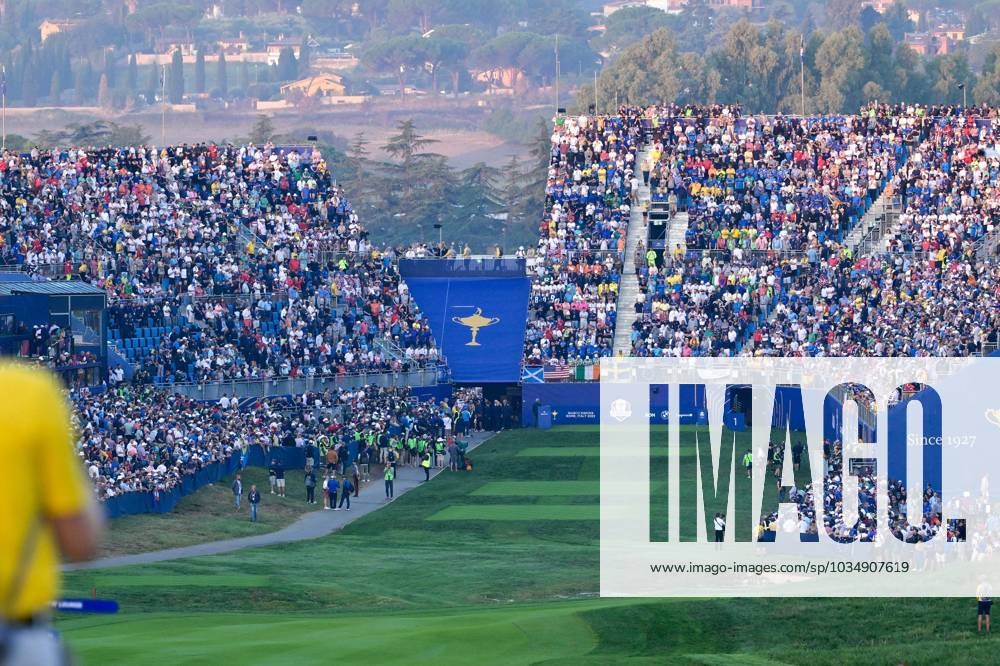 Golf match - Ryder Cup 2023 Tribune Tee 1 during the Ryder Cup 2023 at Marco Simone Golf & Country Club on September 29, 2023 in Rome Italy. Rome Italy