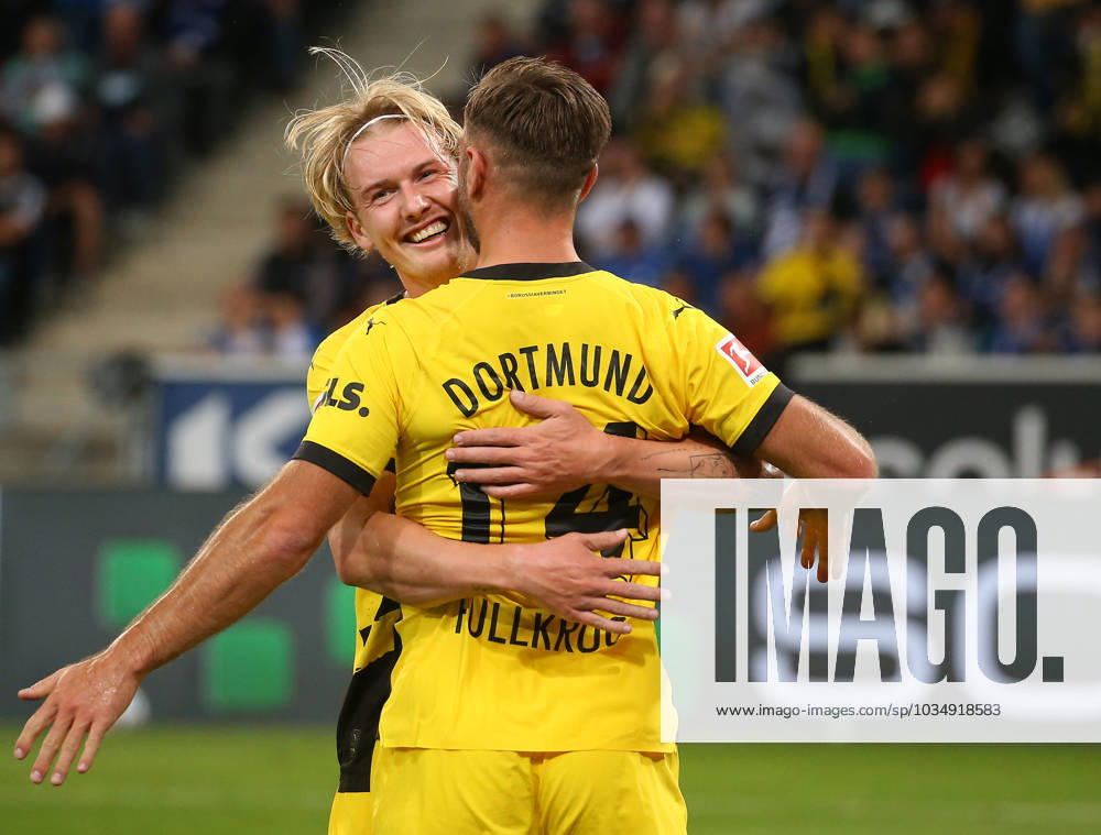 Germany, Sinsheim, Fußball Bundesliga, Saison 2023 2024, TSG 1899 Hoffenheim vs Borussia Dortmund, v l Julian Brandt is happy with the goal scorer Niclas Füllkrug about the goal to 0 1 According to the regulations of the DFL Deutsche Fußball Liga it is prohibited to exploit or have exploited photographs taken in the stadium and or from the game in the form of sequence pictures and or video-like photo series