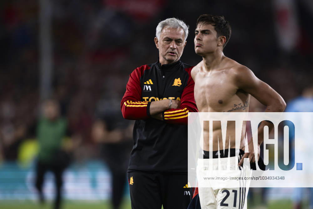 Genoa CFC v AS Roma - Serie A Jose Mourinho, head coach of AS Roma, and Paulo Dybala of AS Roma look dejected at the end of the Serie A football match between Genoa CFC and AS Roma. Genoa Italy