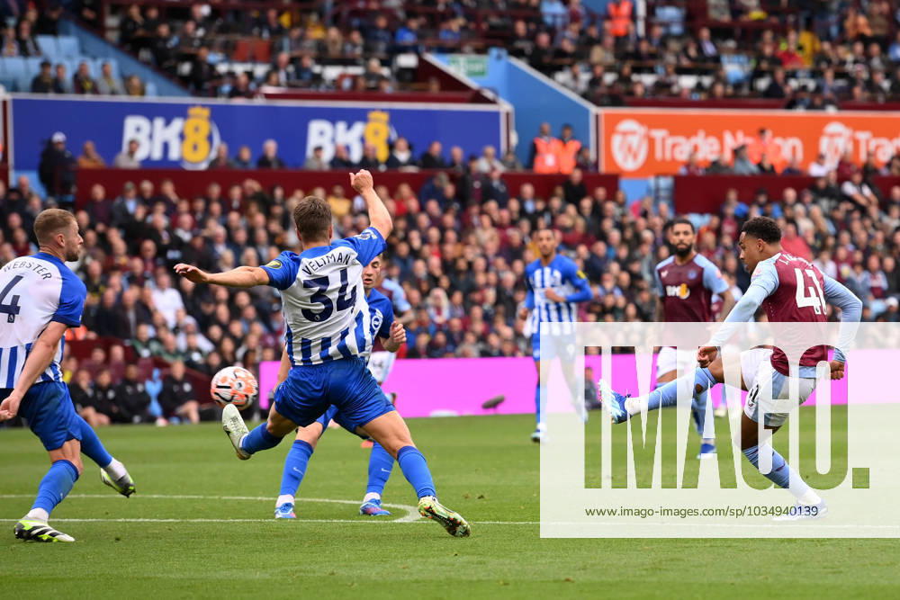 Birmingham, England, 30th September 2023. Jacob Ramsey of Aston Villa scores his teams fifth goals of the game during the Premier League match at Villa Park, Birmingham. Picture credit should read: Gary Oakley Sportimage . SPI-2610-0043