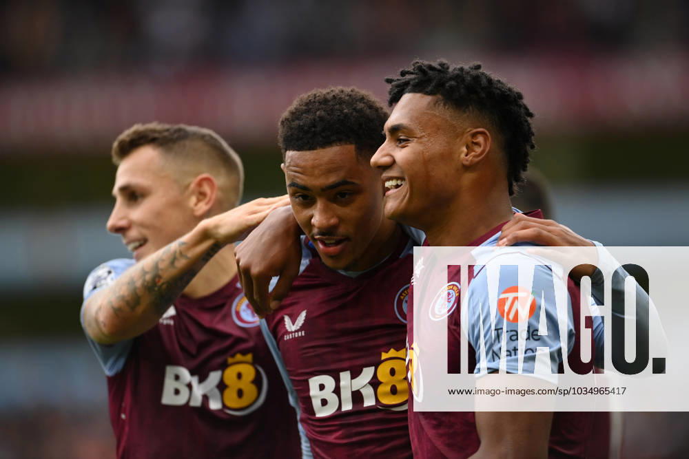 Birmingham, England, 30th September 2023. Jacob Ramsey of Aston Villa celebrates scoring his teams fifth goals of the game with Ollie Watkins during the Premier League match at Villa Park, Birmingham. Picture credit should read: Gary Oakley Sportimage . SPI-2610-0076