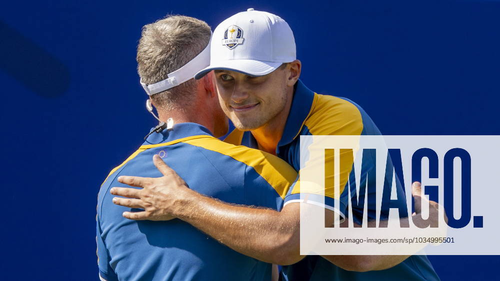 ROM 2023 10 01 Day 3 Singles Matches Ludvig Aberg Sweden met Brooks Koepka in his singles match Here he gets a good luck hug from Luke Donald captain for Europe Photo Christer Höglund TT code 40750 Rome Italy GOLF