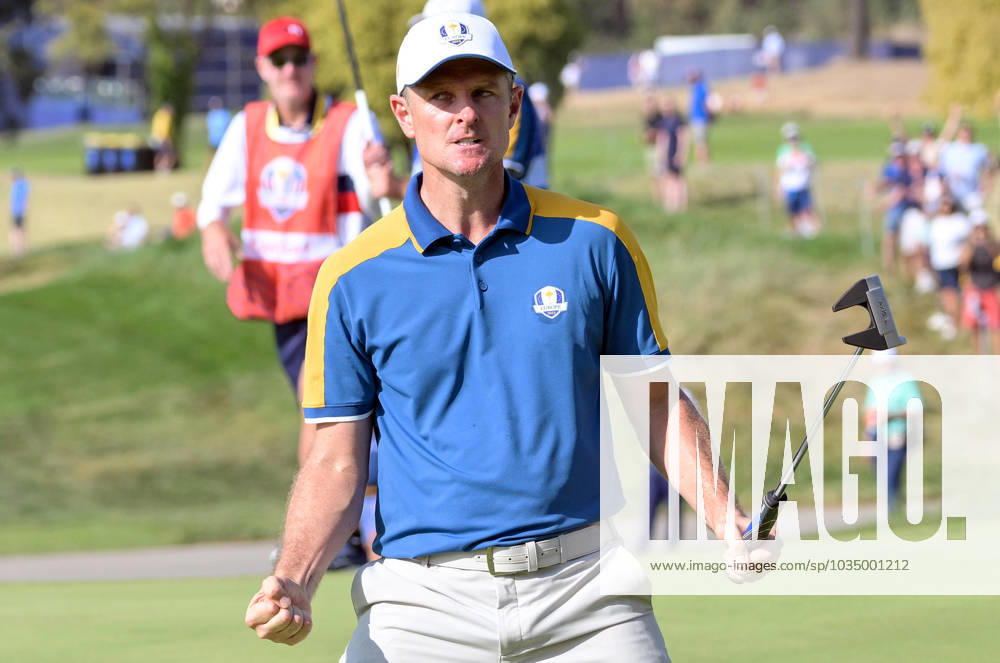 Europe teams golfer English Justin Rose celebrates during the Single matches on the last day of the 2023 Ryder Cup golf tournament at Marco Simone Golf Club in Guidonia, near Rome, Italy, 1st October 2023. The 44th Ryder Cup matches between the US and Europe will be held in Italy from 29 September to 01 October 2023. ANSA ETTORE FERRARI 2023 Ryder Cup golf tournament - Single matches - ZUMAa110 20231001_zaf_a110_046
