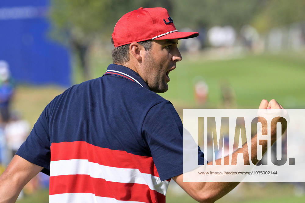 US teams golfer Scottie Scheffler celebrates during the Single matches on the last day of the 2023 Ryder Cup golf tournament at Marco Simone Golf Club in Guidonia, near Rome, Italy, 1st October 2023. The 44th Ryder Cup matches between the US and Europe will be held in Italy from 29 September to 01 October 2023. ANSA ETTORE FERRARI 2023 Ryder Cup golf tournament - Single matches - ZUMAa110 20231001_zaf_a110_051