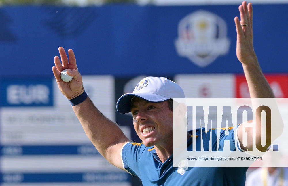 Europe teams golfer English Rory McIlroy celebrates during the Single matches on the last day of the 2023 Ryder Cup golf tournament at Marco Simone Golf Club in Guidonia, near Rome, Italy, 1st October 2023. The 44th Ryder Cup matches between the US and Europe will be held in Italy from 29 September to 01 October 2023. ANSA ETTORE FERRARI 2023 Ryder Cup golf tournament - Single matches - ZUMAa110 20231001_zaf_a110_053