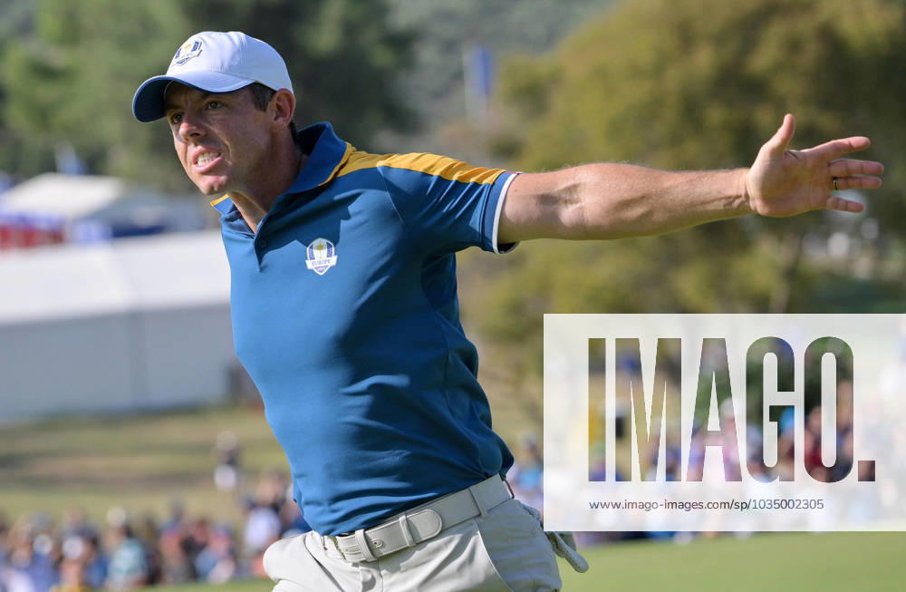 Europe teams golfer English Rory McIlroy celebrates during the Single matches on the last day of the 2023 Ryder Cup golf tournament at Marco Simone Golf Club in Guidonia, near Rome, Italy, 1st October 2023. The 44th Ryder Cup matches between the US and Europe will be held in Italy from 29 September to 01 October 2023. ANSA ETTORE FERRARI 2023 Ryder Cup golf tournament - Single matches - ZUMAa110 20231001_zaf_a110_059