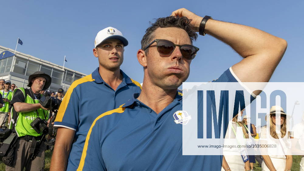 ROM 2023 10 01 Day 3 Singles Matches Europe beat USA in the Ryder Cup here is Ludvig Aberg Sweden together with Rory McIlroy when the win is a fact Photo Christer Höglund TT code 40750 Rome Italy GOLF