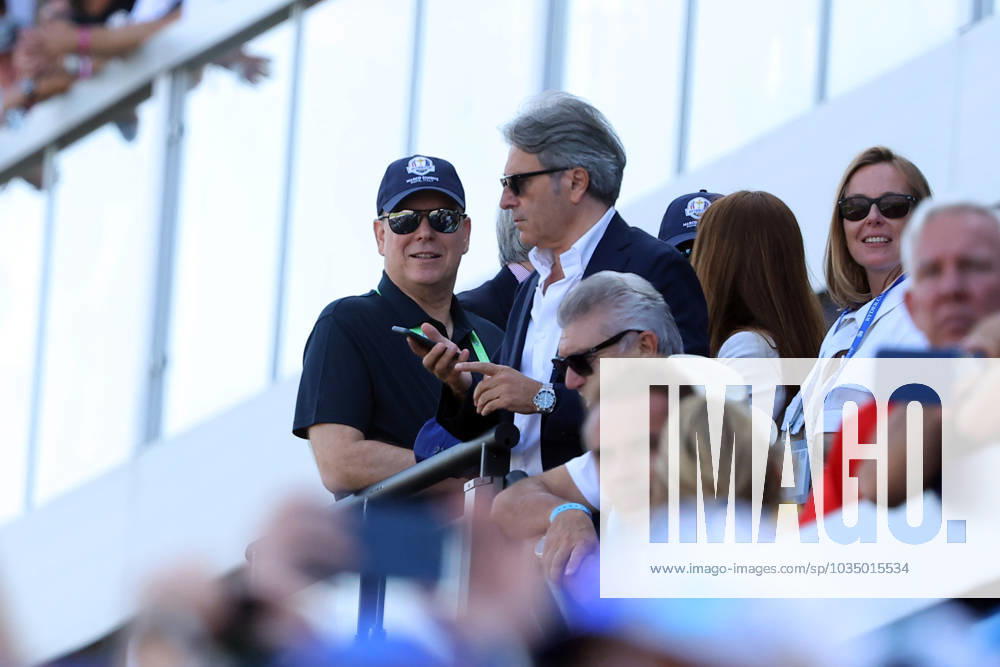 Rome, Italy 01.10.2023: Coni President Giovanni Malagò with Albert II of Monaco and Lavinia Biagiotti on the stand at RYDER CUP 2023 at Marco Simone Golf Country Club di Guidonia Montecelio, Roma