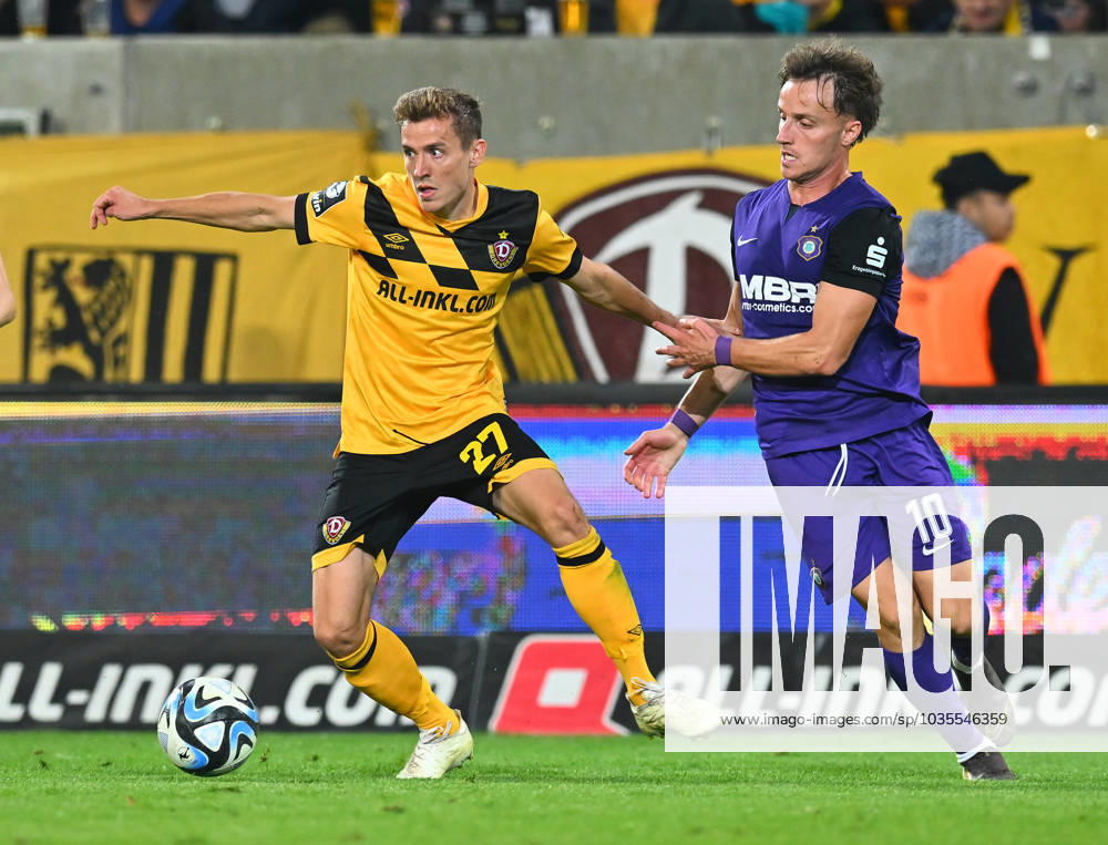 V l Niklas Hauptmann Dresden vs Mirnes Pepic Aue , 24 09 2023, Football, GER, Season 2023 2024, 3 Liga, Dritte Liga, 7 Matchday, Rudolf Harbig Stadion Dresden, SG Dynamo Dresden FC Erzgebirge Aue, DFB AND DFL REGULATIONS PROHIBIT ANY USE OF PHOTOGRAPHS as IMAGE SEQUENCES and or QUASI VIDEO,