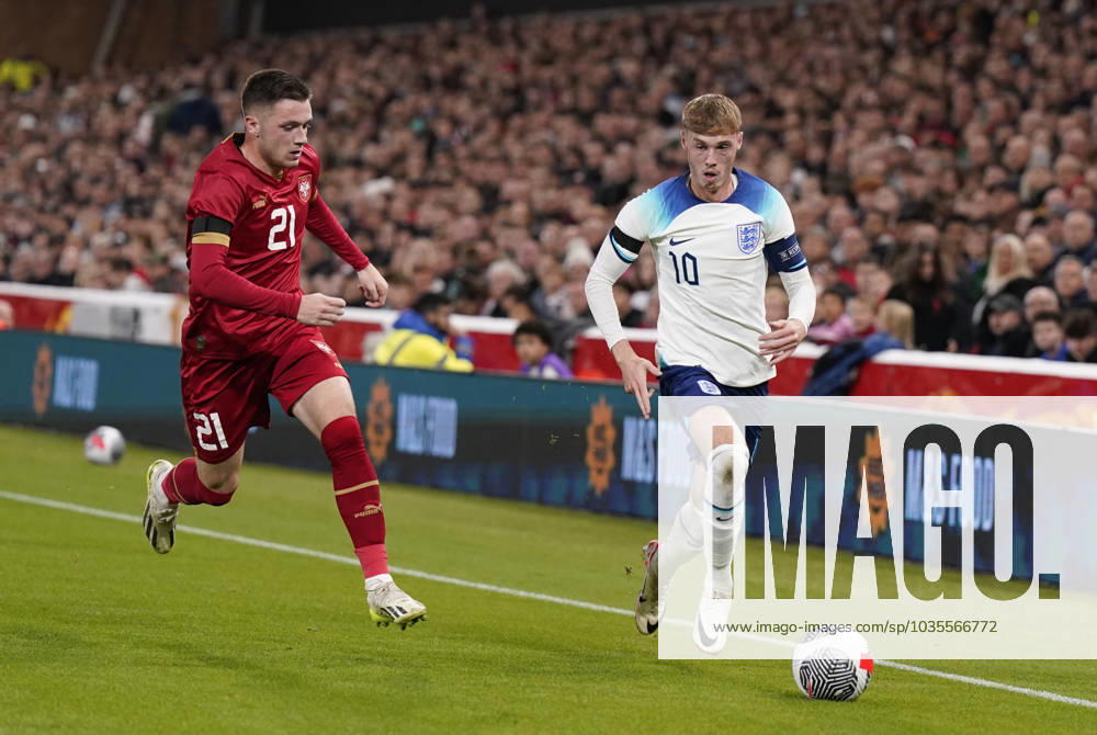 Nottingham, England, 12th October 2023. Nikola Stankovic of Serbia chases down Cole Palmer of Chelsea during the UEFA European Under-21 Championship Qualifier match at the City Ground, Nottingham. Picture credit should read: Andrew Yates Sportimage . SPI-2644-0008
