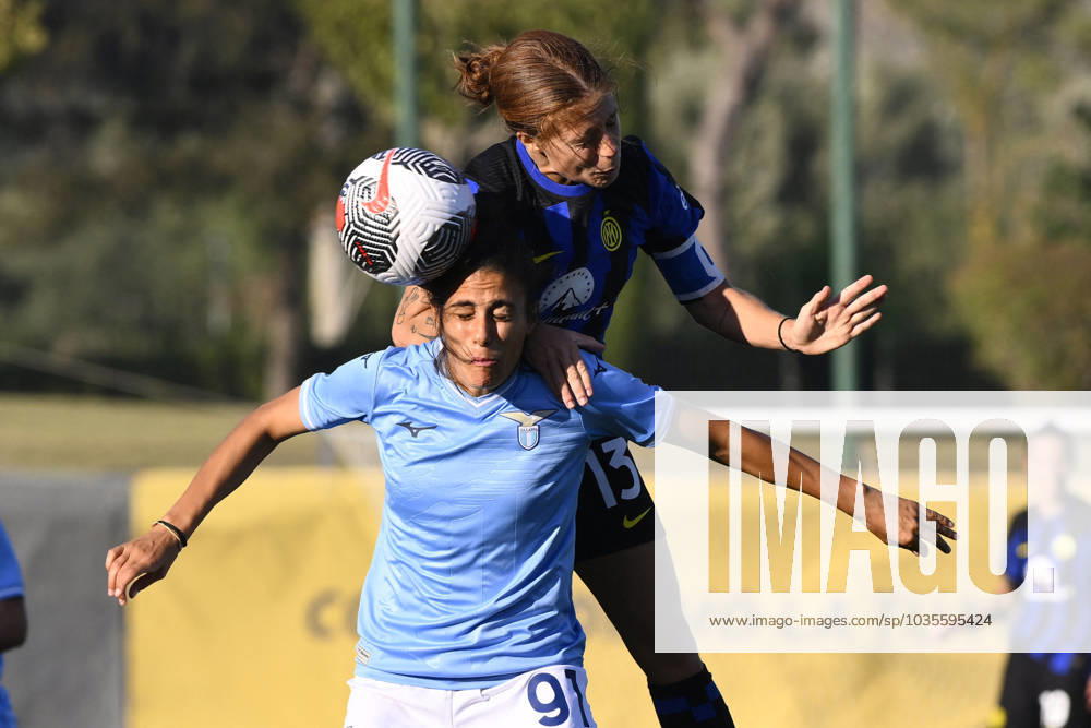 Italian football Serie A Women match - Lazio Women vs FC Internazionale Women Elena Proietti of S.S. Lazio Women and Beatrice Merlo of F.C. Inter during Women s Italian Cup round of 16 between S.S. Lazio Women vs F.C. Inter, 12 October 2023, Stadium Mirko Fersini, Formello Italy. Rome Italy