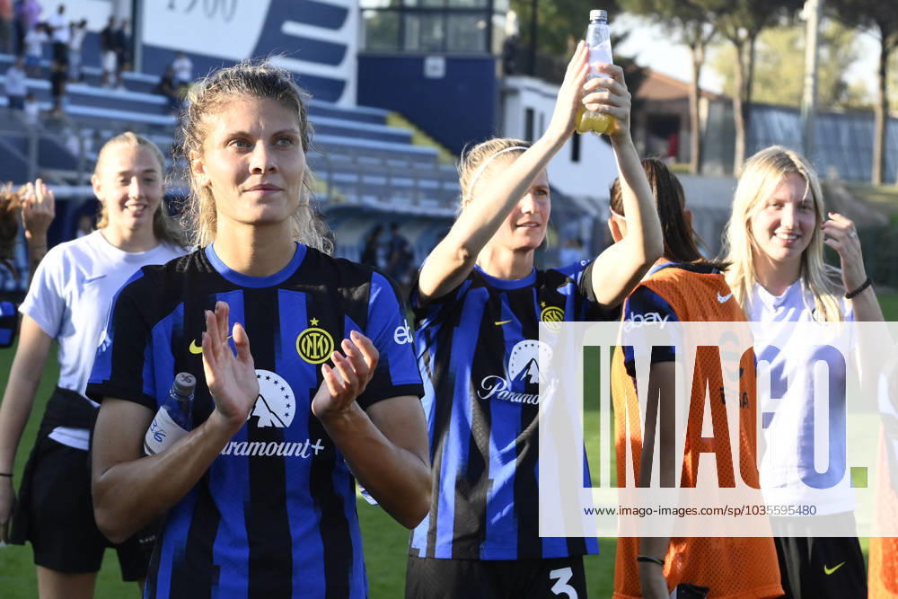 Italian football Serie A Women match - Lazio Women vs FC Internazionale Women Michela Cambiaghi of F.C. Inter greets the fans during Women s Italian Cup round of 16 between S.S. Lazio Women vs F.C. Inter, 12 October 2023, Stadium Mirko Fersini, Formello Italy. Rome Italy
