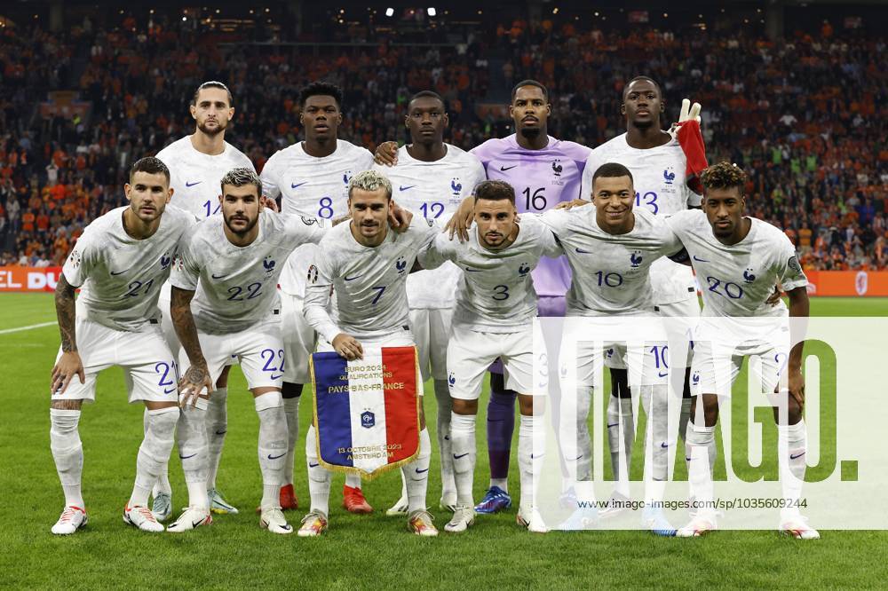 AMSTERDAM - (Top row l-r) Adrien Rabiot of France, Aurelien Tchouameni of France, Randal Kolo Muani of France, France goalkeeper Mike Maignan, Ibrahima Konate of France (Bottom row l-r) Lucas Hernandez of France, Theo Hernandez of France, Antoine Griezmann of France, Jonathan Clauss of France, Kylian Mbappe of France, Kingsley Coman of France during the European Championship, EM, Europameisterschaft Qualifying match in group B between the Netherlands and France at the Johan Cruijff ArenA on October 13, 2023 in Amsterdam, Netherlands. ANP MAURICE VAN STEEN UEFA EURO, EM, Europameisterschaft,Fussball 2024 Qualifying Round 2023 2024 ANPxSportx IVx 480998018 originalFilename: 480998018