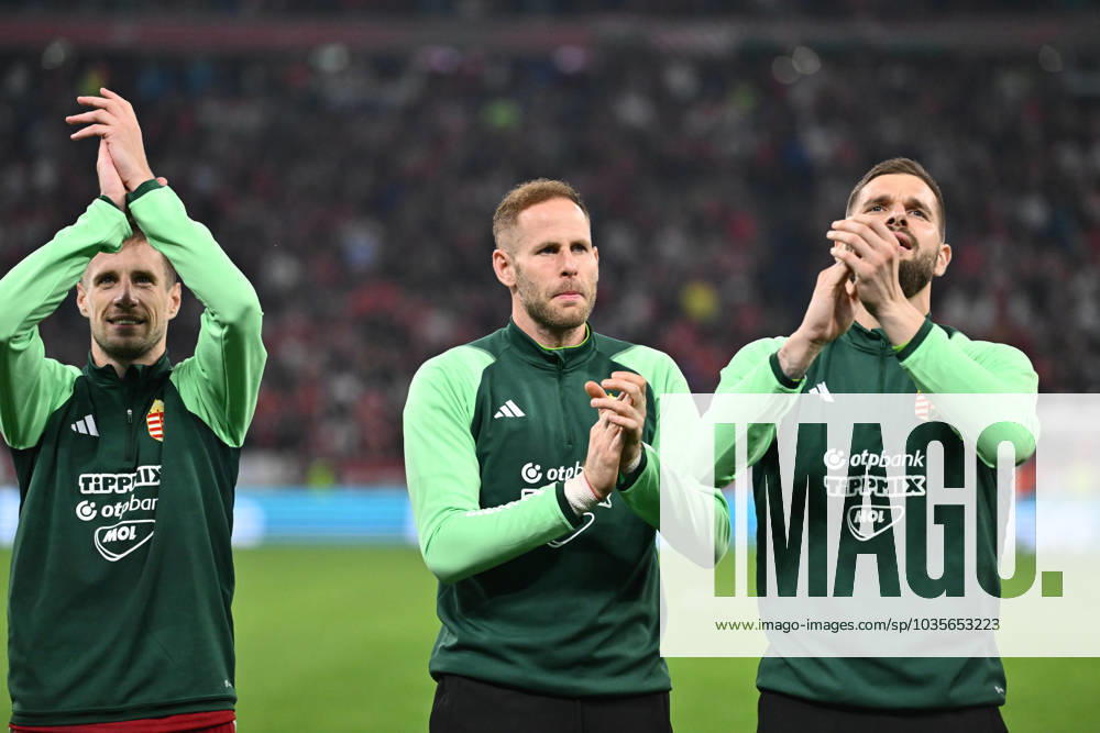 Peter Gulacsi of Hungary celebrates after winning the UEFA EURO, EM, Europameisterschaft,Fussball 2024 European qualifier match between Hungary and Serbia at Puskas Arena on October 14, 2023 in Budapest, H Hungary v Serbia: Group G - UEFA EURO 2024 European Qualifiers