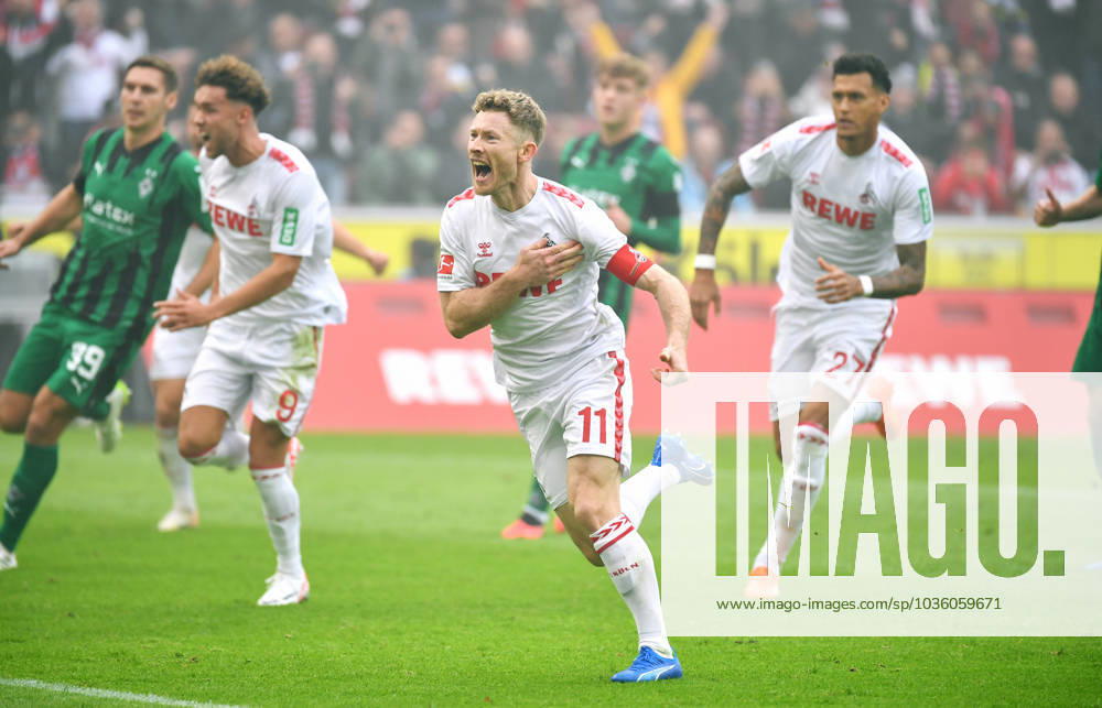 Football, Bundesliga, Germany, Men, Season 2023 2024, 8 Matchday, Rhein Energie Stadion Köln, 1 FC Köln Borussia Mönchengladbach Cheer Florian Kainz KOE after his goal to 1 0 by hand Penalty Cheer, Joy, Action DFB DFL REGULATIONS PROHIBIT ANY USE OF PHOTOGRAPHS AS IMAGE SEQUENCES AND OR QUASI VIDEO