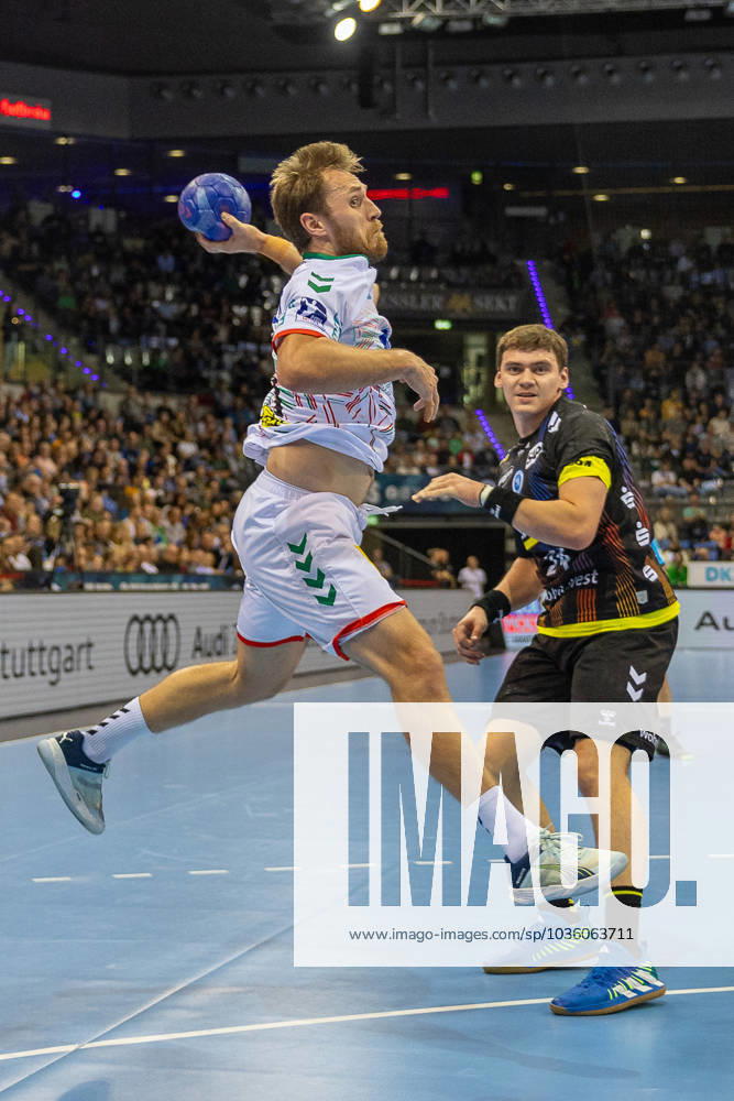 Albin Lagergren SC Magdeburg, 21 scores a goal GER, TVB Stuttgart vs SC Magdeburg, Handball Maenner, Liqui Moly HBL, Handball Bundesliga, 10 Spieltag, Spielzeit 2023 2024, 22 10 2023 GER, TVB Stuttgart vs SC Magdeburg, Handball Maenner, Liqui Moly HBL, Handball Bundesliga, 10 Spieltag, Spielzeit 2023 2024, 22 10 2023 Stuttgart