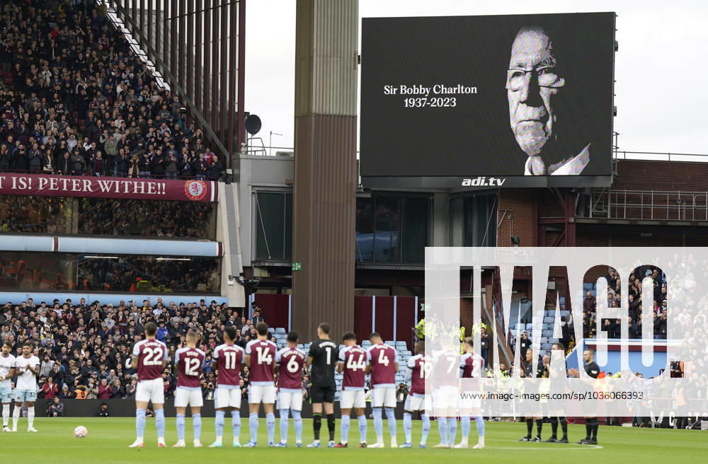 KW42 Birmingham, England, 22nd October 2023. A picture of Sir Bobby Charlton is shown on the screen as the ground takes part in a minutes applause to remember his life during the Premier League match at Villa Park, Birmingham. Picture credit should read: Andrew Yates Sportimage . SPI-2668-0005