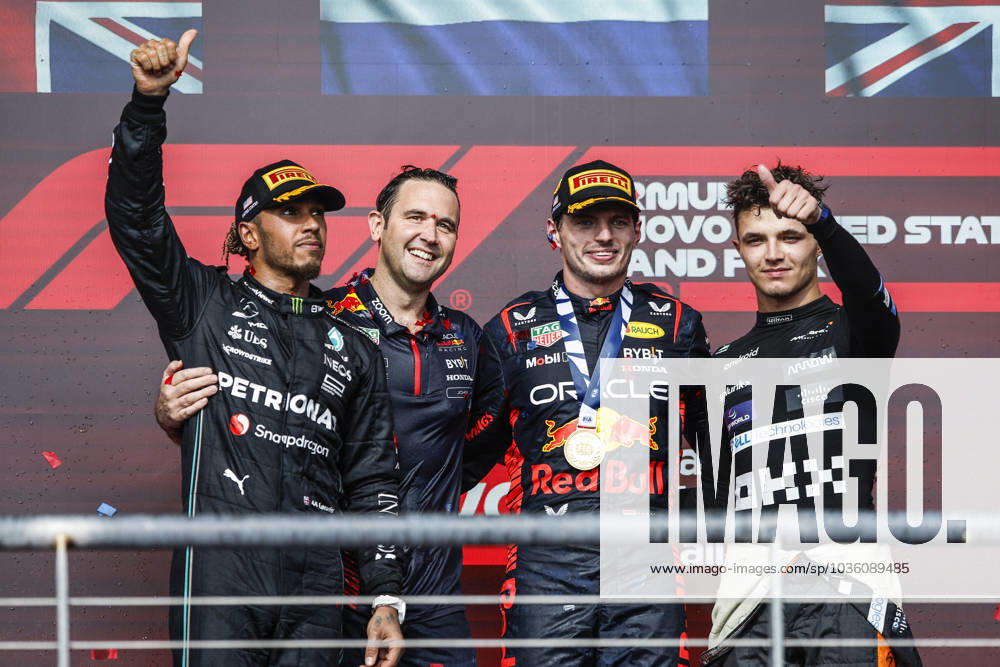 KW42 HAMILTON Lewis (gbr), Mercedes AMG F1 Team W14, portrait VERSTAPPEN Max (ned), Red Bull Racing RB19, portrait NORRIS Lando (gbr), McLaren F1 Team MCL60, portrait podium during the 2023 Formula 1 Lenovo United States Grand Prix, 18th round of the 2023 Formula One World Championship, WM, Weltmeisterschaft from October 20 to 22, 2023 on the Circuit of The Americas, in Austin, USA - F1 - US GRAND PRIX 2023 - RACE DPPI Panoramic 00123041__R3_4147