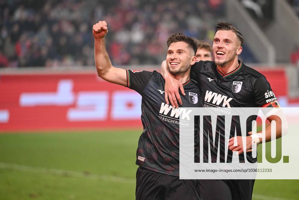 Heidenheim, Germany, Voith Arena, 1 FC Heidenheim vs 1 FC Augsburg 1 Bundesliga, Elvis Rexhbecaj FC Augsburg goal celebration, cheers after his goal to 2 5 Foto H Langer DFB DFL REGULATIONS PROHIBIT ANY USE OF PHOTOGRAPHS AS IMAGE SEQUENCES AND OR QUASI VIDEO Heidenheim Voith Arena Germany 541_ FCHFCA20231022_388 Langer-541