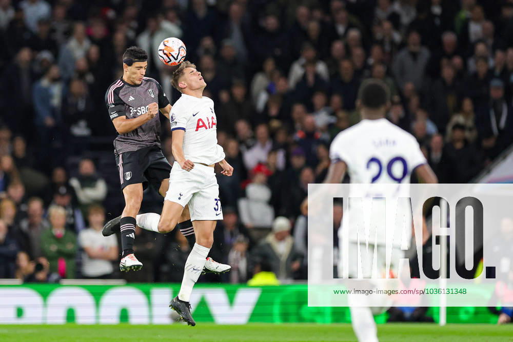Tottenham Hotspur v Fulham Premier League 23 10 2023. Raul Jimenez (7) of Fulham and Micky van de Ven (37) of Tottenham Hotspur clash in the air during the Premier League match between Tottenham Hotspur and Fulham at Tottenham Hotspur Stadium, London, United Kingdom on 23 October 2023. Editorial use only DataCo restrictions apply See www.football-dataco.com ,
