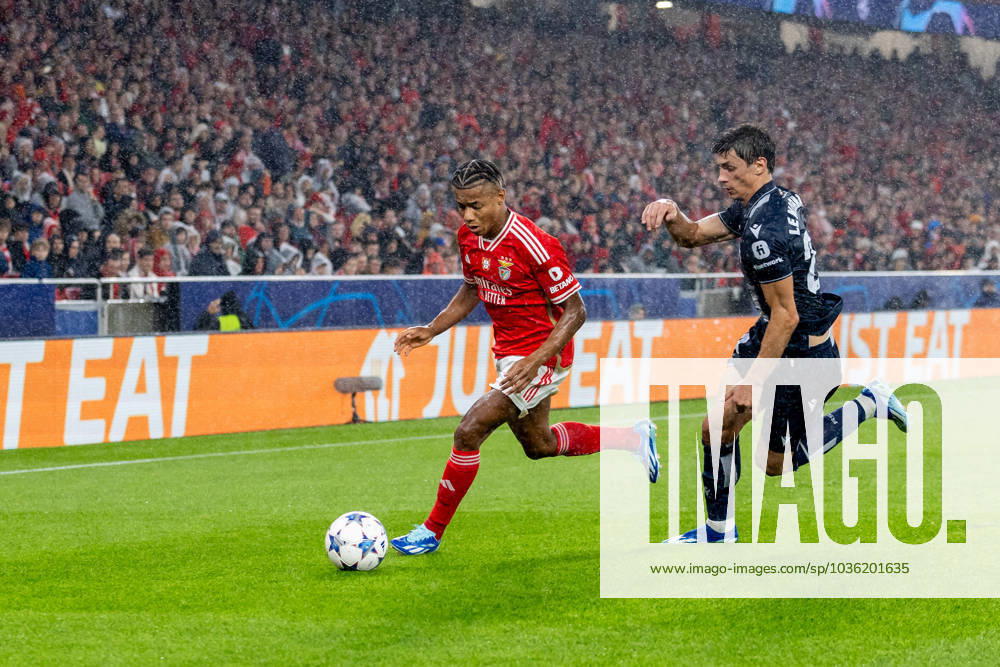 UEFA Champions League 2023 24: Benfica Vs Real Sociedad in Lisbon, Portugal - 24 Oct 2023 David Neres (L) of SL Benfica and Robin Le Normand (R) of Real Sociedad seen in action during the UEFA Champions League 2023 24 match between Benfica and Real Sociedad at Estádio do Lisboa e Benfica. Final score; Benfica 0:1 Real Sociedad. Lisbon Portugal