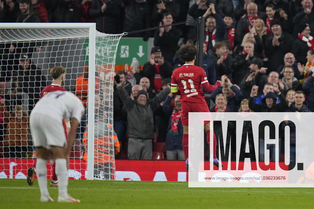 UEFA Europa League Liverpool v Toulouse Mohamed Salah 11 of Liverpool celebrates after scoring to make the score 5-1 during the UEFA Europa League match Liverpool vs Toulouse at Anfield, Liverpool, United Kingdom, 26th October 2023 (Photo by Steve Flynn News Images) Liverpool Anfield Merseyside United Kingdom