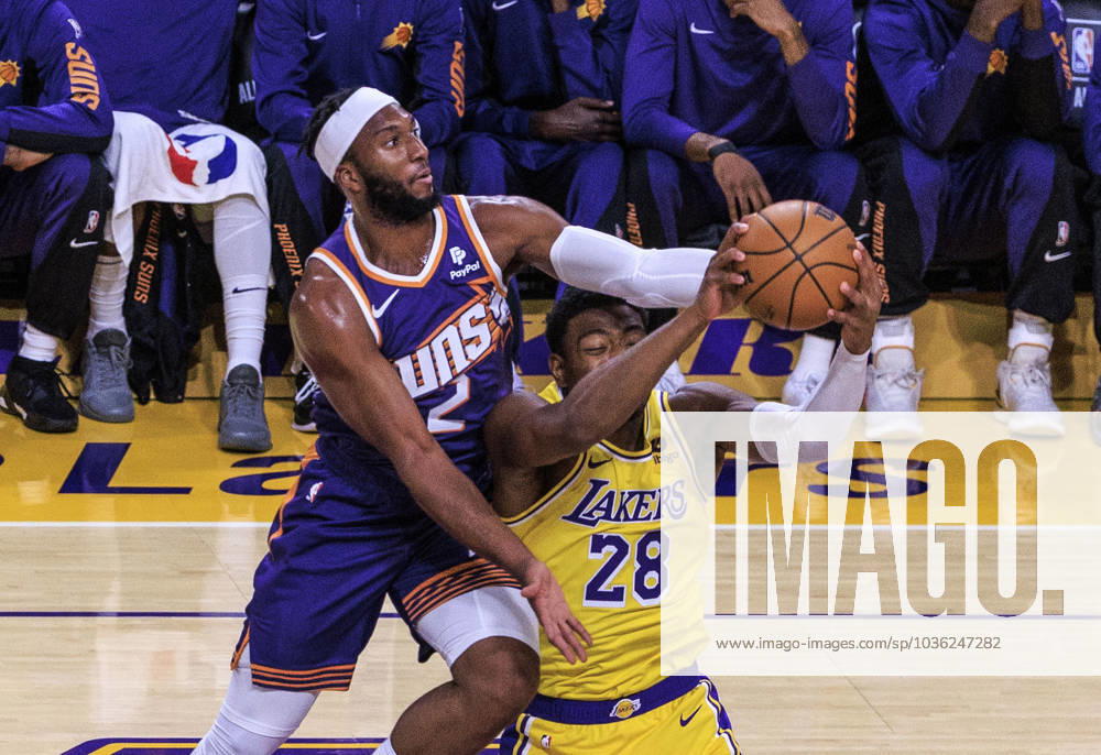 Rui Hachimura 28 of the Los Angeles Lakers and Josh Okogie 2 of the Phoenix Suns battle for a rebound during their regular season game on Thursday October 26, 2023 at Crypto.com Arena in Los Angeles, California. JAVIER ROJAS PI Los Angeles USA - ZUMAp124 20231026_zaa_p124_032